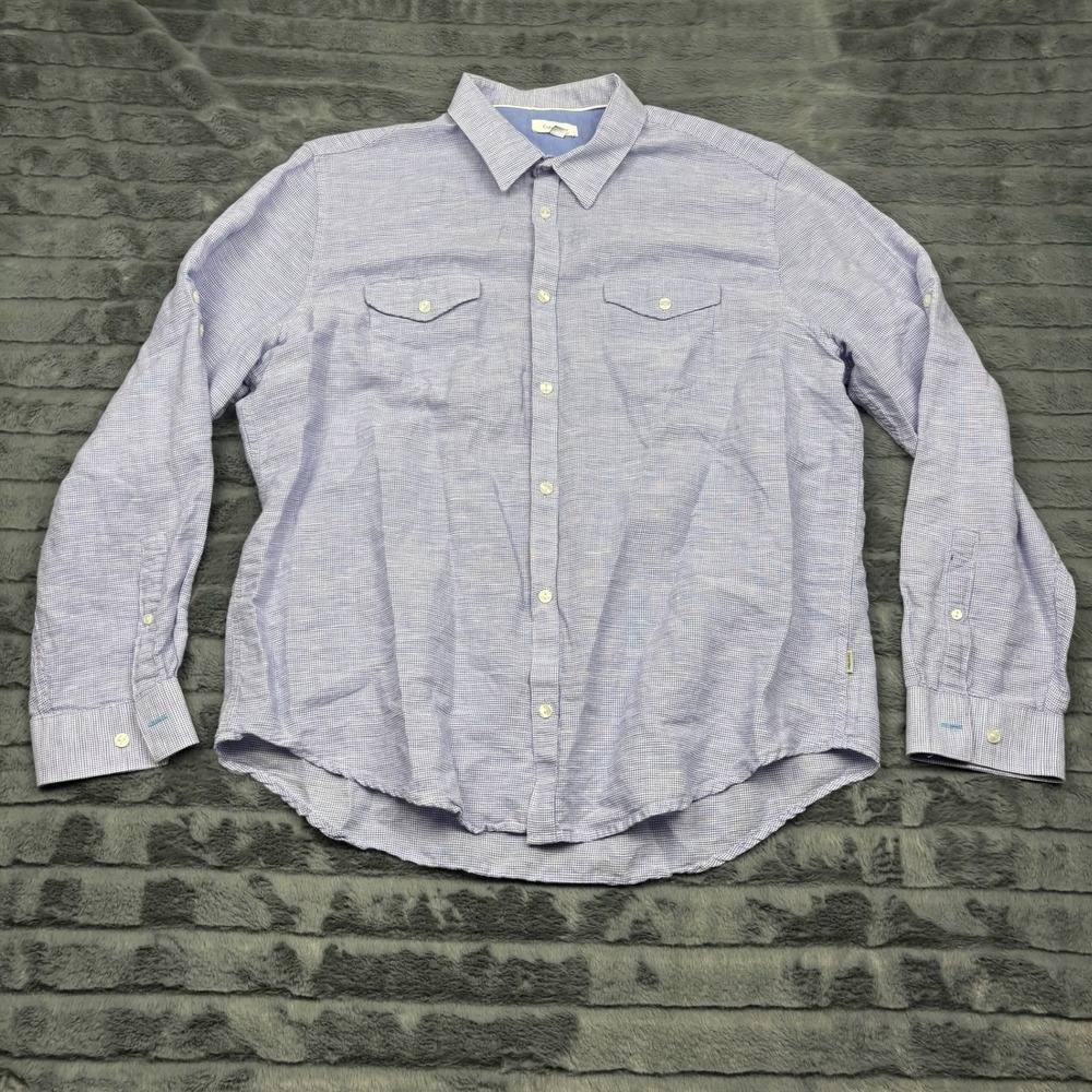 Calvin Klein Mens XL Blue White Linen Cotton Micro Check Roll Tab Button Down